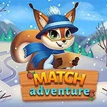 En tegnet rev med blå hatt og skjerf står i et snødekt landskap og holder et kart, med teksten Match Adventure nederst på bildet