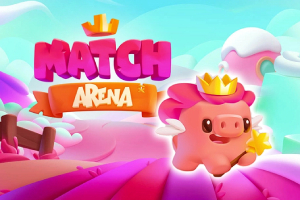 Et rosa tegneseriegriselignende vesen med krone og en tryllestav står i et fargerikt, fantasifullt landskap med tekst som sier Match Arena