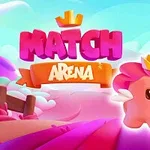 Et rosa tegneseriegriselignende vesen med krone og en tryllestav står i et fargerikt, fantasifullt landskap med tekst som sier Match Arena