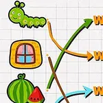 En grønn larve, en vindu-illustrasjon, og en vannmelon er koblet sammen med fargede linjer og tekstetikettene W