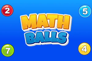 Fargerike tallkuler med tallene 2, 5, 7 og 4, samt teksten Math Balls i midten, mot en blå bakgrunn