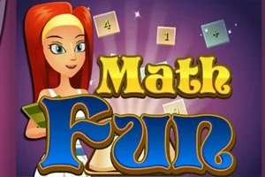 Tegnet kvinne med rødt hår holder en bok hvor teksten Math Fun er fremhevet med matematiske symboler i bakgrunnen