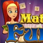 Tegnet kvinne med rødt hår holder en bok hvor teksten Math Fun er fremhevet med matematiske symboler i bakgrunnen