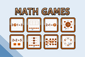 Illustrasjon av åtte ikoner for matematiske oppgaver med teksten Math Games øverst
