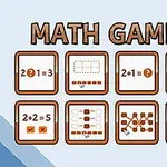 Illustrasjon av åtte ikoner for matematiske oppgaver med teksten Math Games øverst
