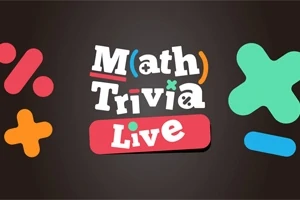 Fargerik grafisk tekst som sier Math Trivia Live med matematiske symboler rundt på en mørk bakgrunn