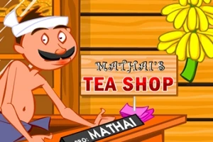 Tegnet mann med bart og hodeplagg står ved en trebod med skiltet Mathais Tea Shop og blomster i bakgrunnen