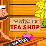 Tegnet mann med bart og hodeplagg står ved en trebod med skiltet Mathais Tea Shop og blomster i bakgrunnen