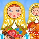 To fargerike matrjosjka-dukker mot en blå bakgrunn, den ene holder en balalaika og den andre en oransje katt