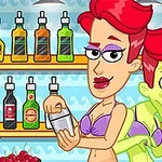 En tegneseriefigur med rødt hår lager en drink ved en bar mens en grønn person kikker over skulderen hennes