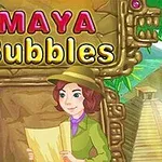 En kvinnelig eventyrer i grønn jakke som holder et kart foran en steintavle med teksten Maya Bubbles, omgitt av jungel og templer