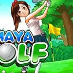 Tegnet jente spiller golf i en frodig, grønn jungel med flagg i bakgrunnen