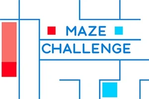 Labyrintdesign med teksten Maze Challenge i midten og fargerike firkanter