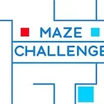 Labyrintdesign med teksten Maze Challenge i midten og fargerike firkanter