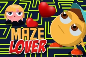 Tegneseriefigurer med store øyne i en labyrint med røde hjerter, og teksten Maze Lover