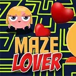 Tegneseriefigurer med store øyne i en labyrint med røde hjerter, og teksten Maze Lover