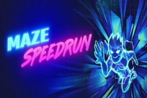 Neonfarget tekst Maze Speedrun ved siden av en stilisert, lysende figur i bevegelse med spisse linjer i bakgrunnen