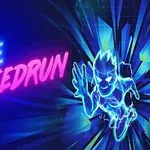Neonfarget tekst Maze Speedrun ved siden av en stilisert, lysende figur i bevegelse med spisse linjer i bakgrunnen