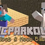 To blokkfigurer, en i blå og lilla klær og en i hvitt, beveger seg på en plattform over lava med teksten MCPARKOUR Noob & Noob Baby nederst