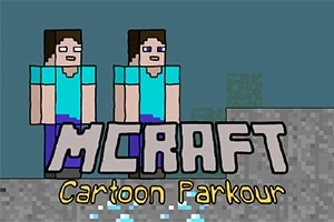 To figurer med blå skjorter står ved siden av hverandre over teksten MCRAFT Cartoon Parkour på en pikselert bakgrunn