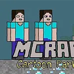 To figurer med blå skjorter står ved siden av hverandre over teksten MCRAFT Cartoon Parkour på en pikselert bakgrunn