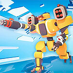 En fargerik robot i gul og grå rustning med kanoner står mot en futuristisk blå bakgrunn, flankert av mindre droner