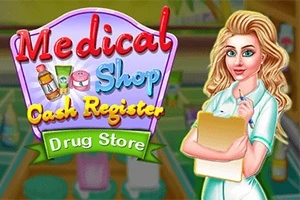 En illustrasjon av en blond kvinne i en hvit uniform med et clipboard foran en fargerik butikkbakgrunn med påskriften Medical Shop Cash Register Drug Store