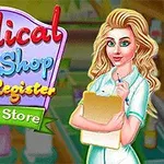 En illustrasjon av en blond kvinne i en hvit uniform med et clipboard foran en fargerik butikkbakgrunn med påskriften Medical Shop Cash Register Drug Store
