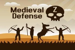 Silhuetter av middelalderske krigere med våpen og et esel foran en stor hodeskalle, med teksten Medieval Defense