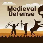 Silhuetter av middelalderske krigere med våpen og et esel foran en stor hodeskalle, med teksten Medieval Defense