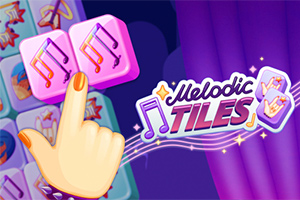 En hånd som peker på lilla brikker med musikalske symboler ved siden av en logo med teksten Melodic Tiles