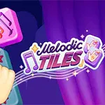 En hånd som peker på lilla brikker med musikalske symboler ved siden av en logo med teksten Melodic Tiles