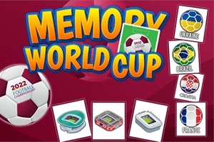 Fargerik illustrasjon med tekst MEMORY WORLD CUP, en fotball med 2022 Football Championship, kort med stadionbilder, og flagg som representerer ulike land