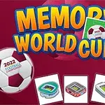 Fargerik illustrasjon med tekst MEMORY WORLD CUP, en fotball med 2022 Football Championship, kort med stadionbilder, og flagg som representerer ulike land