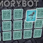 Fliser med grønnmønstrede kort mot en steinete bakgrunn, hvor ett kort er snudd for å avsløre en robot som spiller keyboard