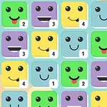 Fargerike firkantede ansikter med ulike ansiktsuttrykk og tall i hjørnene, arrangert i et rutenett