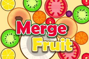 Fargerike skiver av frukt spredt over en lys bakgrunn med teksten Merge Fruit
