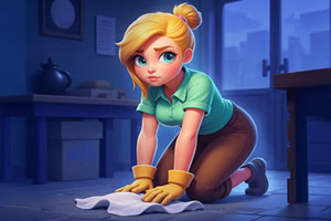 Merge Haven En blond kvinne med hestehale og grønne øyne vasker gulvet på et kjøkken, iført grønne hansker og en blå skjorte