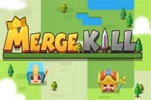 Tittelen Merge Kill med blokkerte bokstaver er plassert over pikselerte figurikoner av krigere på en stilisert kartbakgrunn med trær og vann