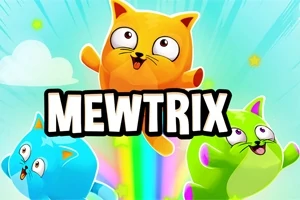 Tre fargerike tegnede katter, en oransje, en blå og en grønn, svever foran en regnbue med teksten MEWTRIX i midten