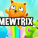 Tre fargerike tegnede katter, en oransje, en blå og en grønn, svever foran en regnbue med teksten MEWTRIX i midten