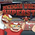 Tre animerte karakterer i fargerike brytemasker foran en stor bakgrunn med teksten Mexican Wrestling Superstars