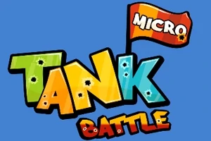 Fargerik, tegneserieaktig tekst med ordene Tank Battle og et flagg med Micro på en blå bakgrunn