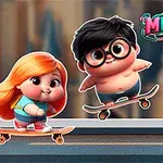 To figurer med skateboards og en blå monsterlignende skapning på en vei, med fargerik tekst i bakgrunnen