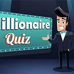 En tegneseriefigur i smoking står ved siden av et skilt som sier Millionaire Quiz på en scene med spotlights