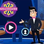 En animert vert i dress står på en fargerik scene med stoler og et stort skilt som sier MILLIONAIRE