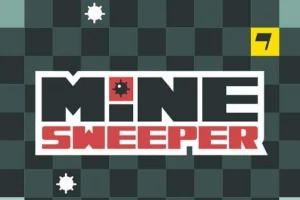 Tekstlogoen Mine Sweeper med en rutete bakgrunn og tall syv i et gult hjørne