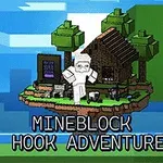 Flytende øy med trær, en liten hytte, og en figur i rustning med teksten Mineblock Hook Adventure