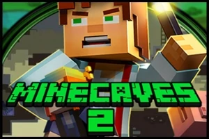En blokkaktig karakter holder en fakkel og et sverd med teksten MINECAVES 2 i forgrunnen