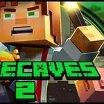En blokkaktig karakter holder en fakkel og et sverd med teksten MINECAVES 2 i forgrunnen